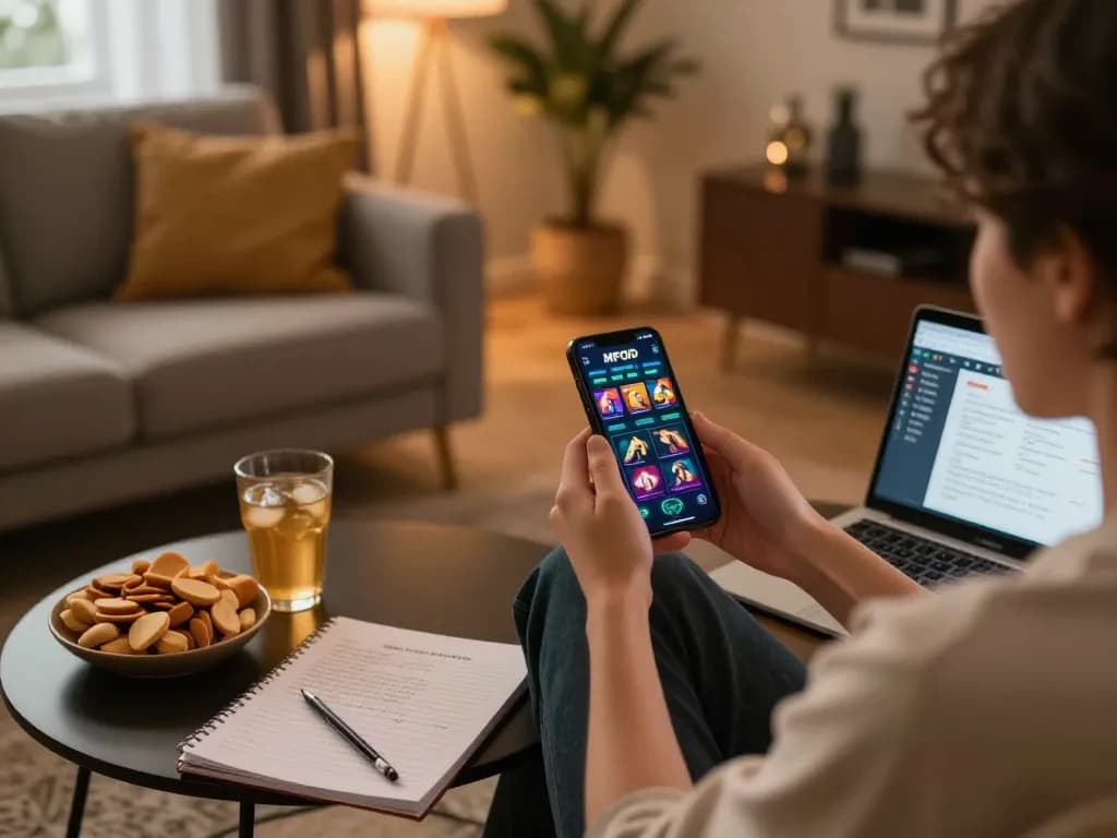 MPOID app showcased on smartphone in a comfortable home gaming setup.