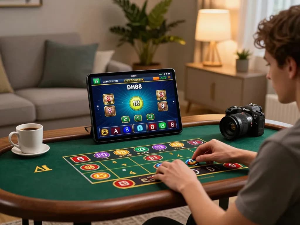 Player enjoying the DH88 casino app on a smartphone, surrounded by a cozy atmosphere.