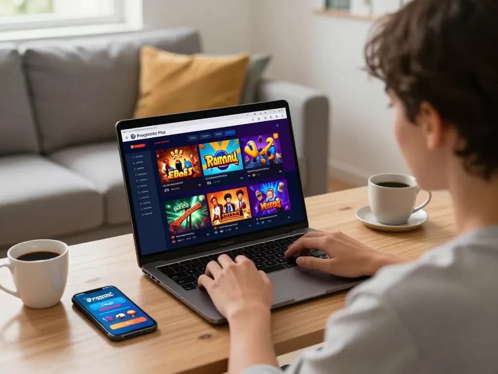 Engaging Pragmatic Play Login scene showcasing a user strategizing on an online casino platform in a cozy living room.