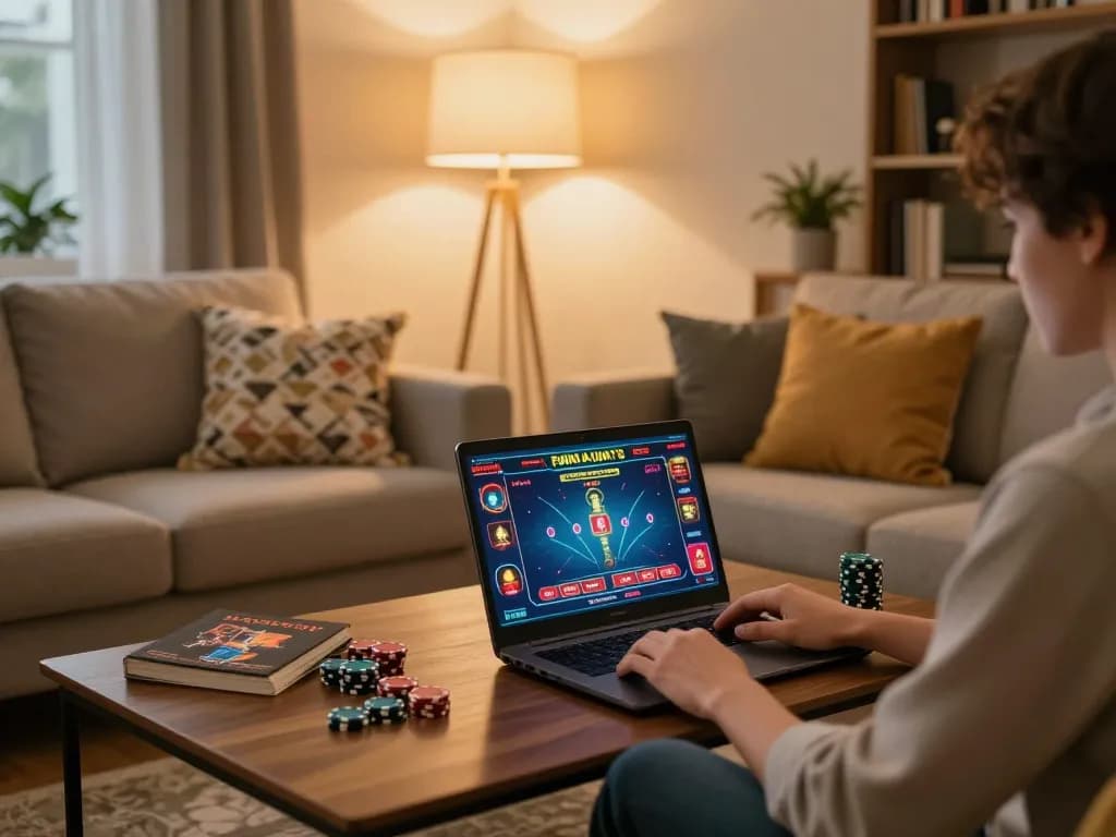 Person enjoying SC88 online gambling on a laptop in a cozy living room environment.