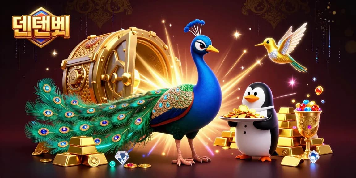 Experience the vibrant online casino world of 텐텐벳 with dynamic illustrations featuring a peacock, penguin, and hummingbird amidst gold and jewels.