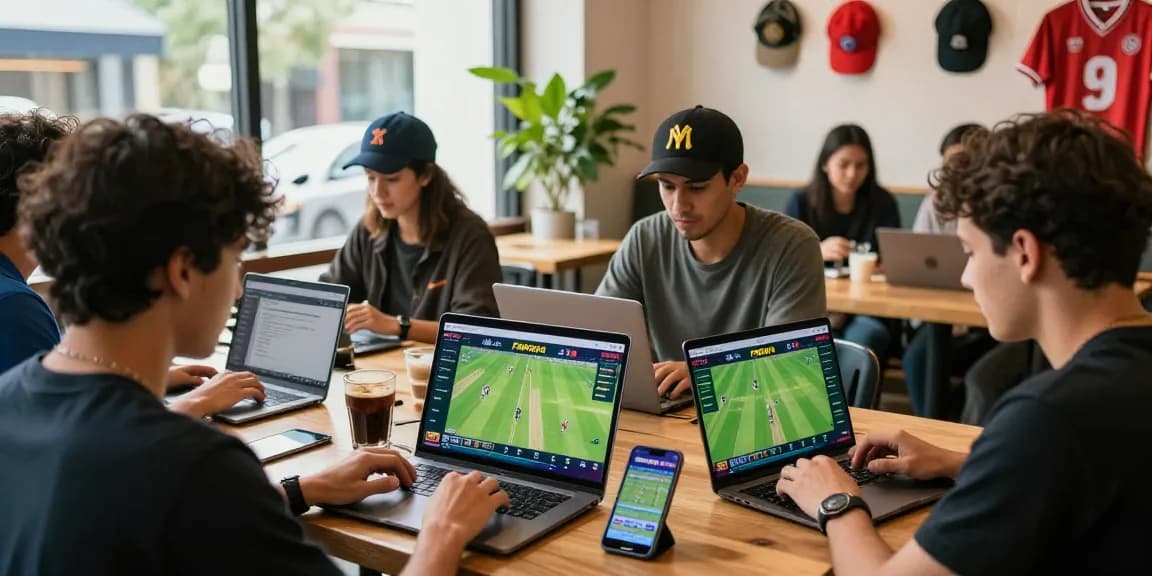 Users engaging with Fairplay24 betting platform in a lively café setting, showcasing cricket action and live stats.