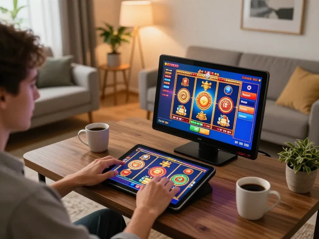 Player enjoying slot games on hz88 platform on a tablet in a cozy living room setting