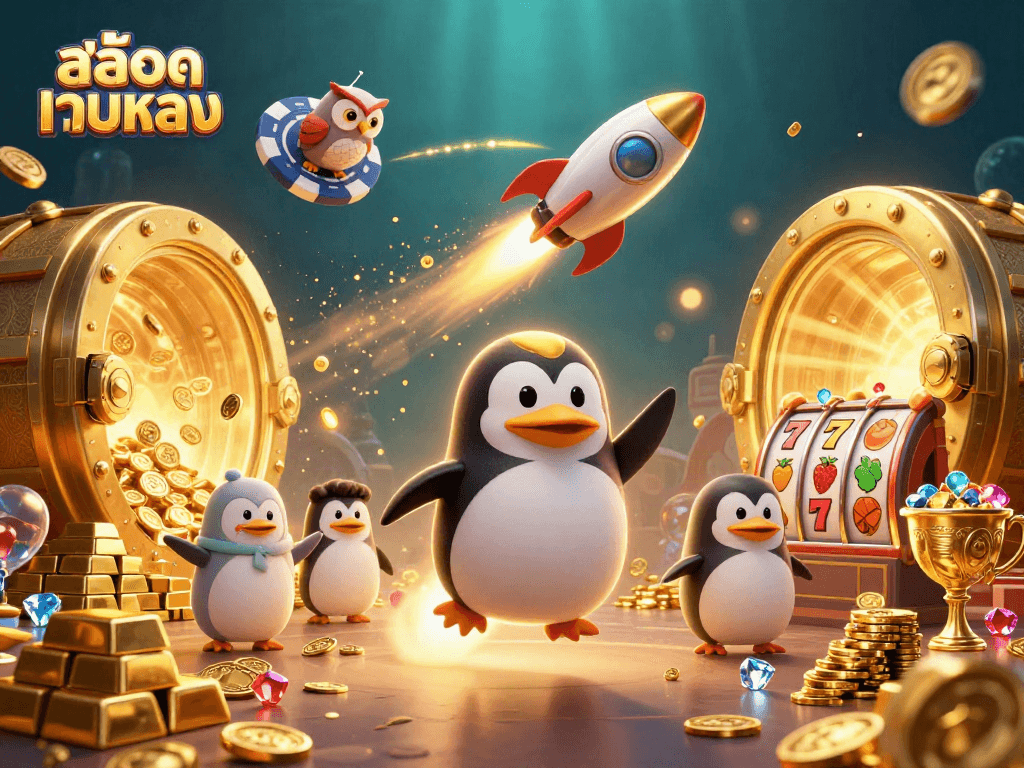 Engage with สล็อตเว็บตรง as the golden penguin soars towards a vibrant casino-themed universe filled with treasures.