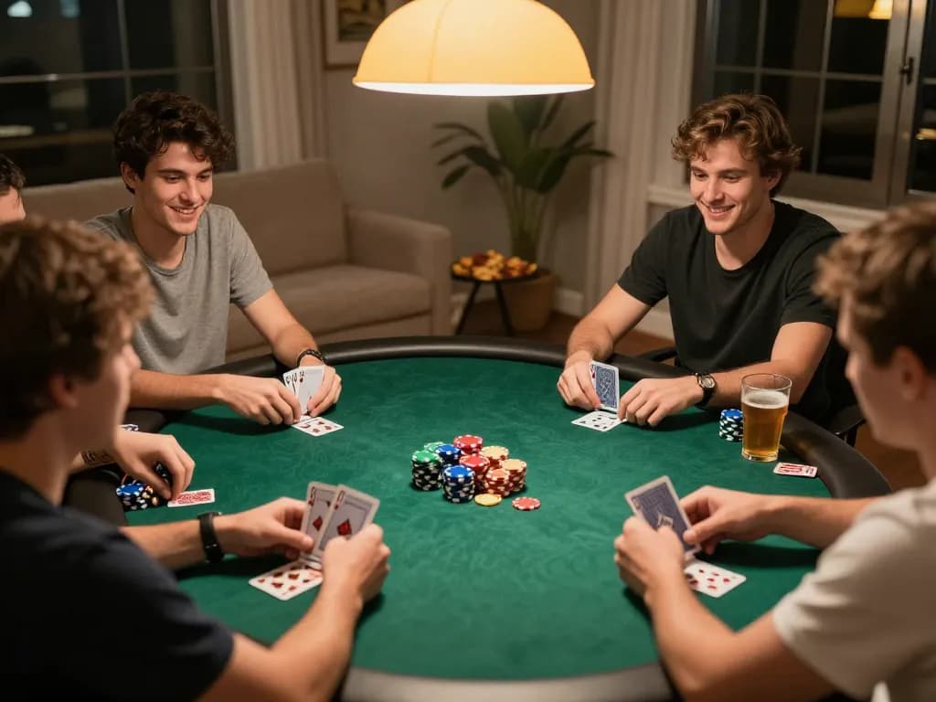 Players enjoying an intense poker game at home featuring mb88 chips and cards.