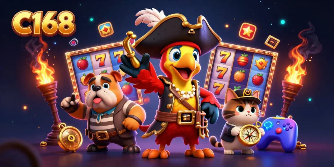 Experience the thrill of C168 with colorful slots, pirate characters, and dynamic gaming action.