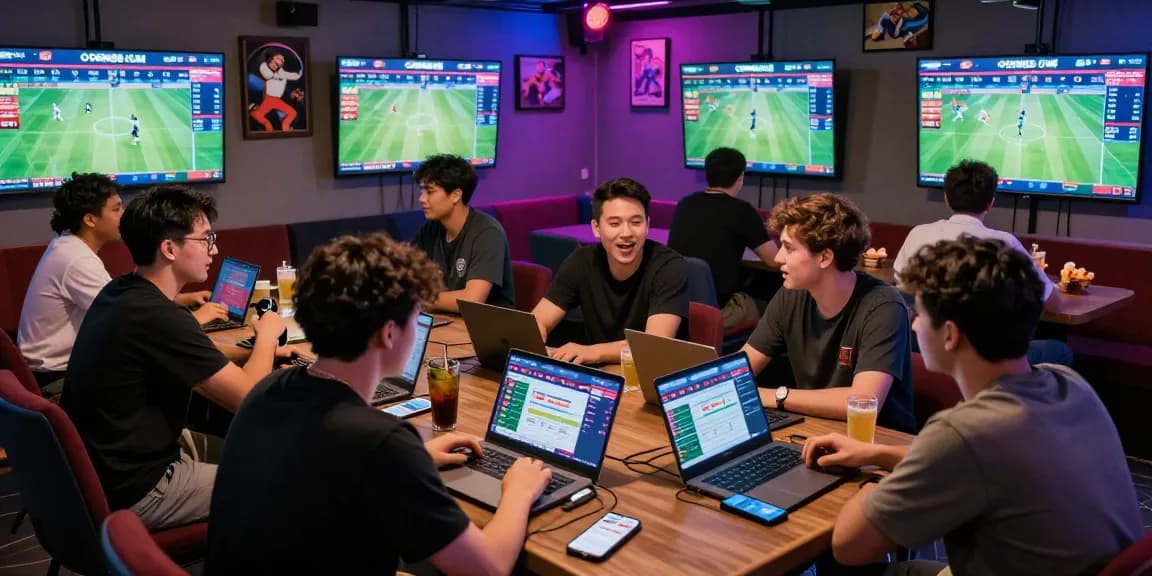 Enthusiastic friends discussing sports betting on OPEN88 COM in a vibrant gaming lounge.