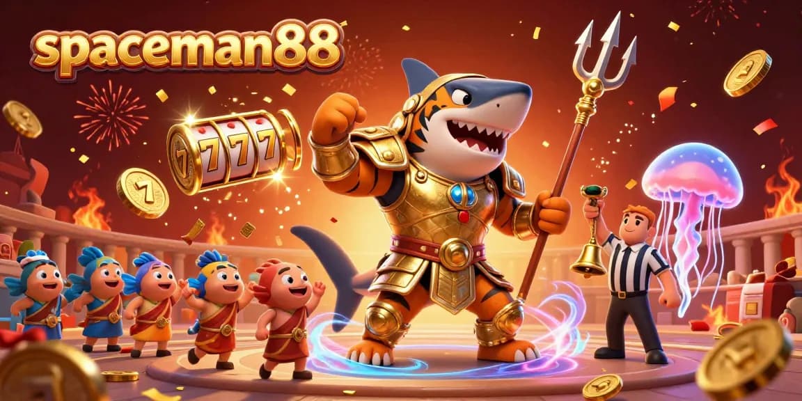 Experience the thrills of spaceman88 with vibrant slot reels and a dynamic tiger shark in a vivid underwater scene.