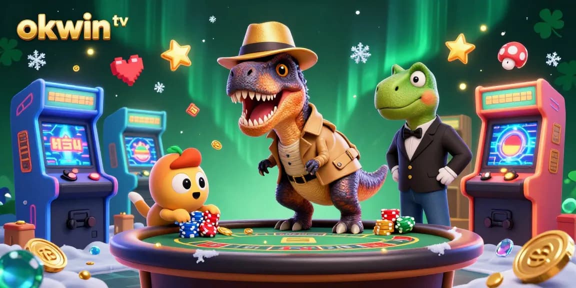 Experience thrilling gameplay with okwin tv, featuring a velociraptor at a blackjack table among gaming elements.