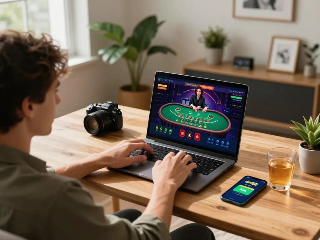 Player engaging in strategies at dn88 online casino on laptop with live blackjack interface.