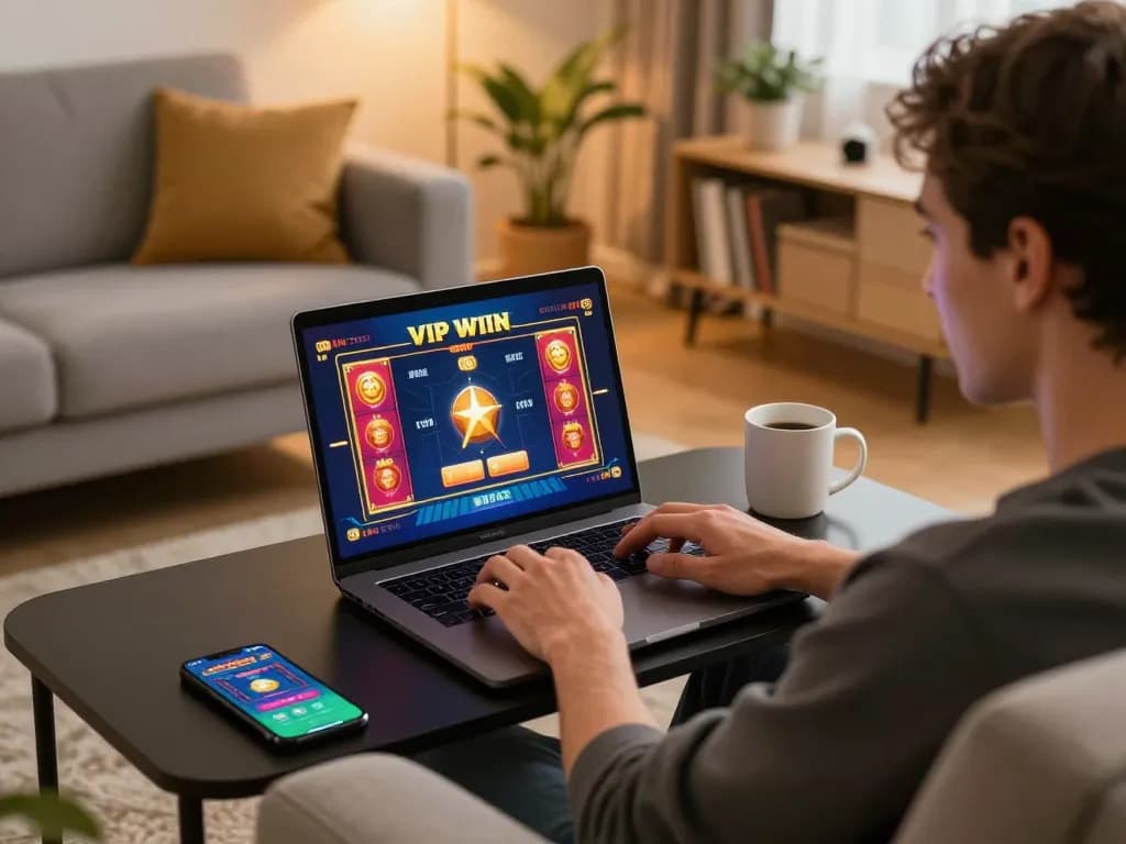 Player enjoying an online game at home, aiming for a VIP win with strategic decisions.