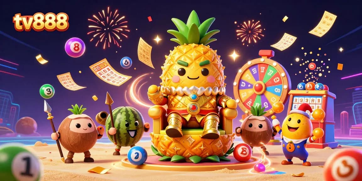 Play exciting games at tv888 with vibrant visuals and dynamic casino elements surrounding the golden pineapple king.