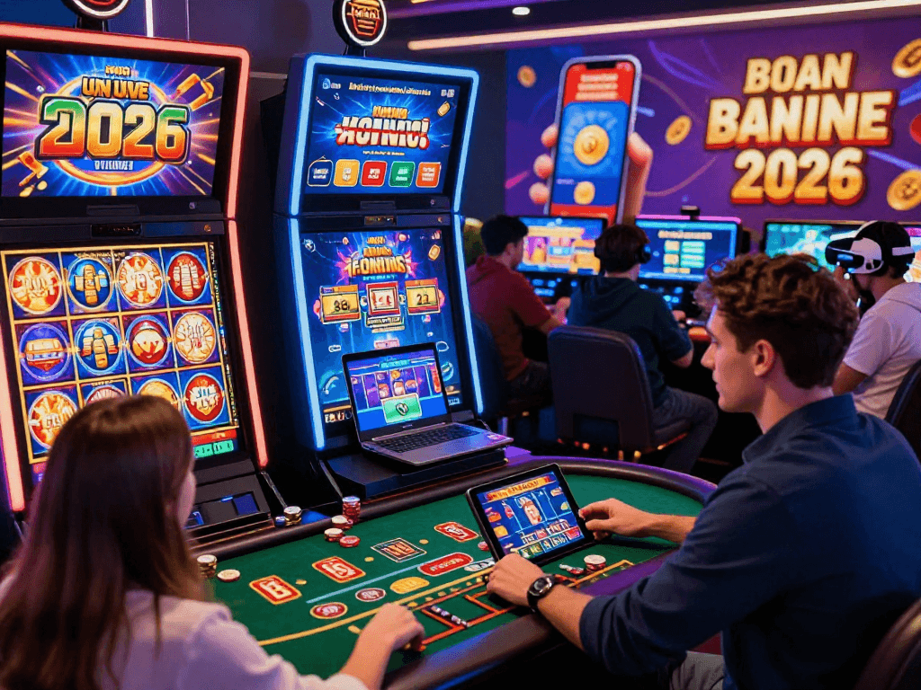 Players enjoying diverse games at non UK online casinos, featuring vibrant slot machines and live dealer experiences in a modern setup.