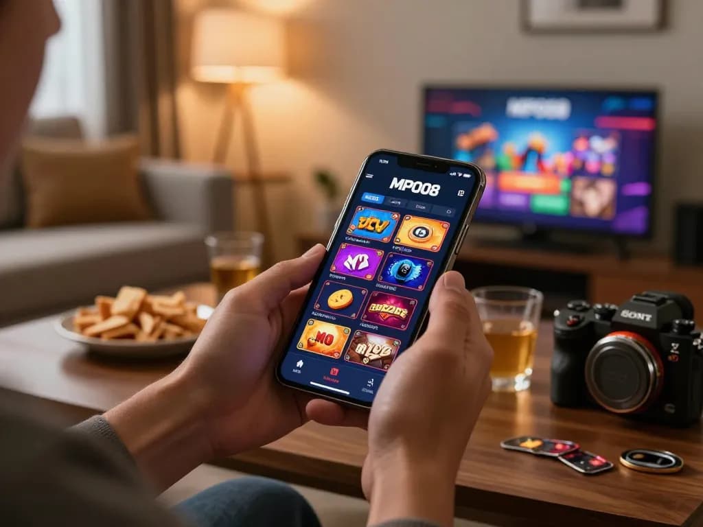 MPO08 player engaging in mobile gambling on a smartphone in a cozy home environment