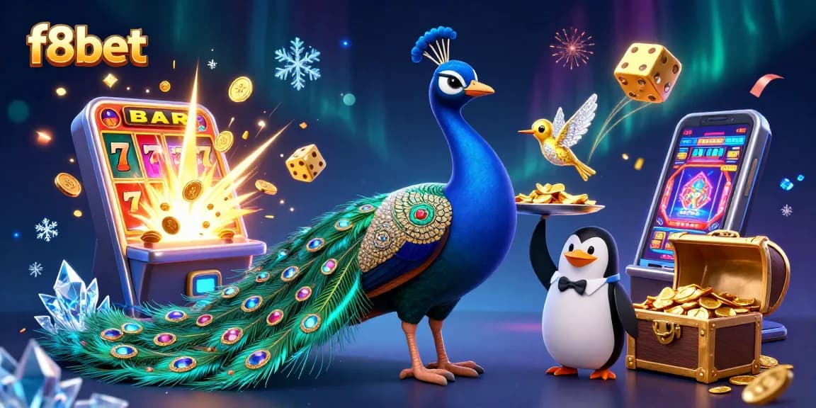 Experience thrilling gaming at F8bet with a glamorous peacock, penguin butler, and a jackpot explosion.