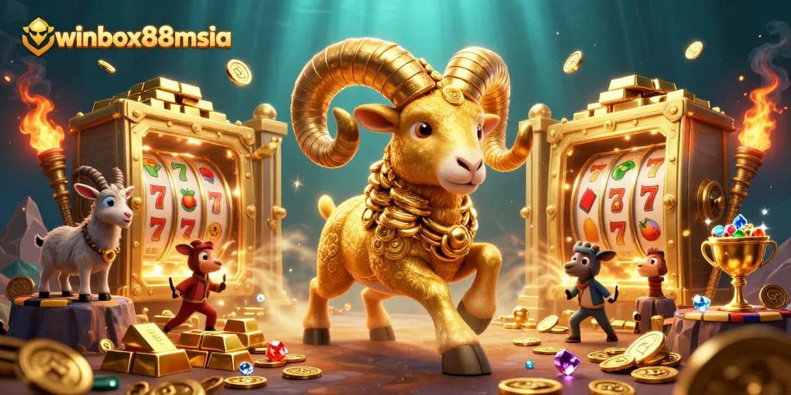 Spin to win at winbox88msia with a golden ram charging through a vibrant casino filled with treasures.