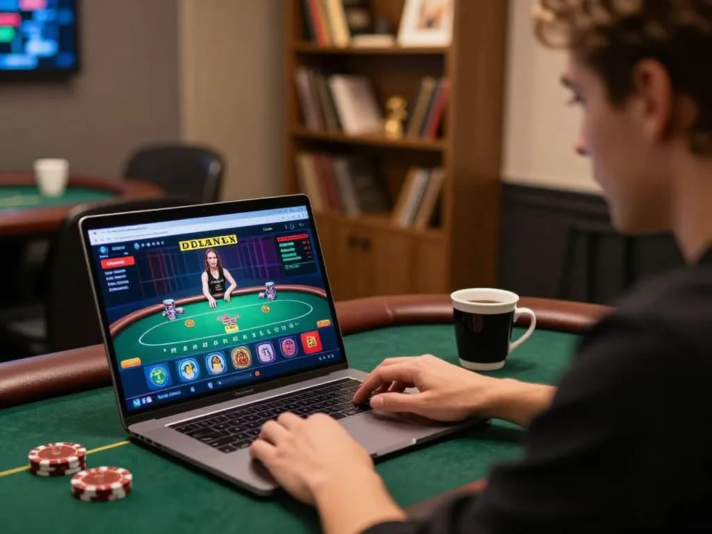 Person engaging in online gambling at sun win poker game interface on sleek laptop