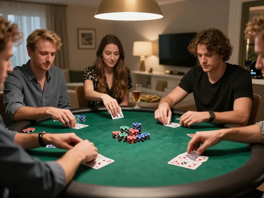 KONG88 players enjoying an engaging poker game in a stylish home environment, showcasing strategic gameplay.