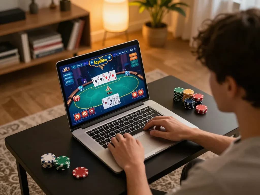 Engaging gameplay on kp88 com poker interface, showcasing strategic betting in a cozy home setting