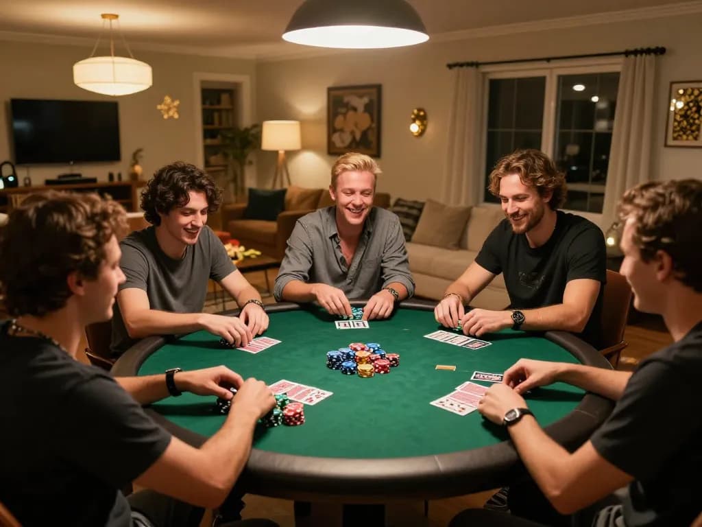 Fokus777 players enjoying a friendly poker night at home, engaging with chips, cards, and lively conversation.