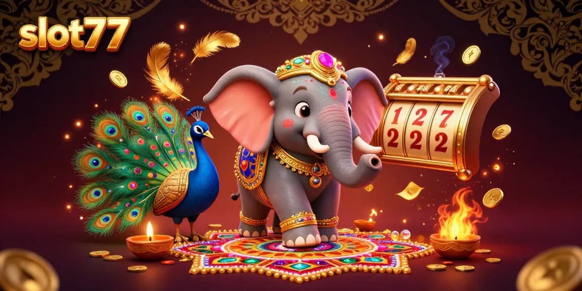 Experience the thrill of slot77 with vibrant, decorative elements and lively game action.