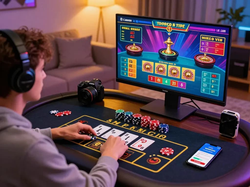 Experience the excitement of tot88 online gambling with a player engaged in live casino games and vibrant digital displays.