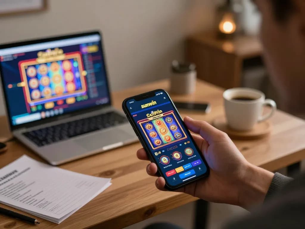 Play slots on the sunwin app while lounging at home, with a cozy setup and smartphone in hand.