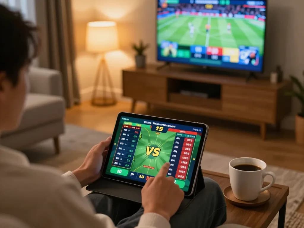 GO8 player placing strategic bets on mobile sports app in a cozy home setting