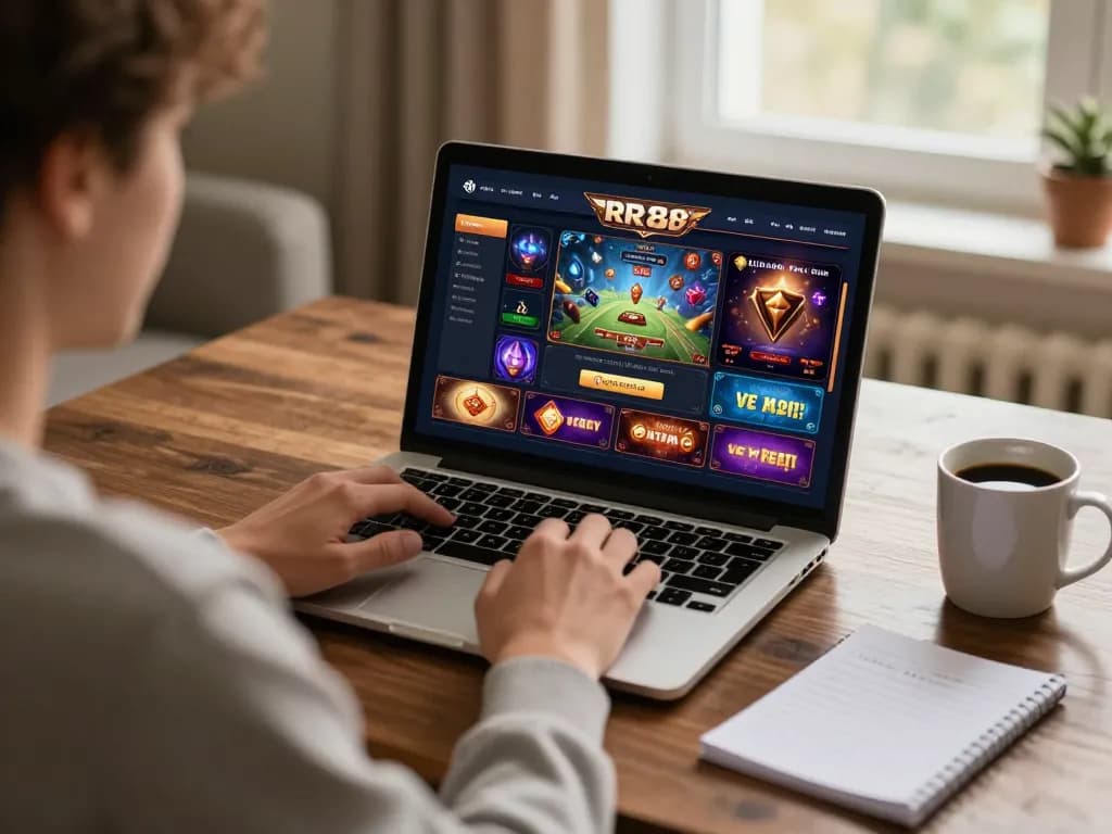 Player enjoying RR88 online casino gaming with strategic notes and warm lighting.