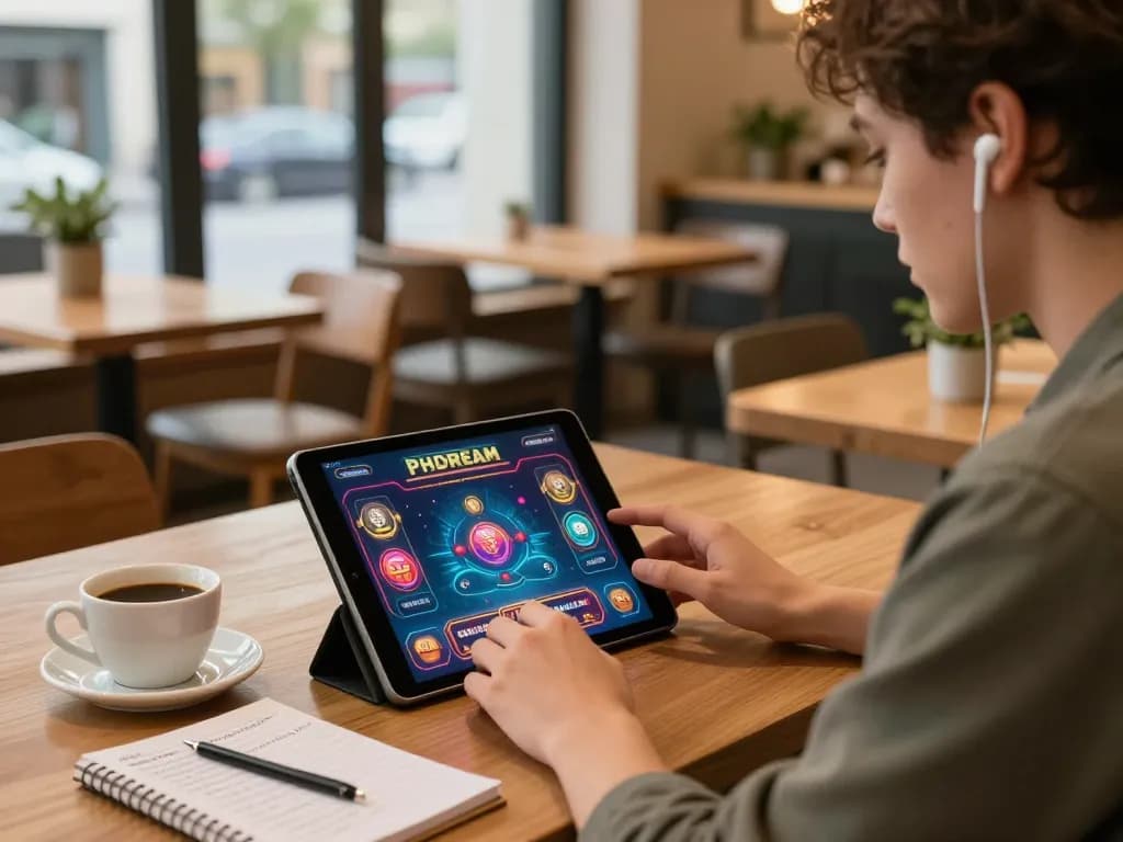 PHDREAM6268 user engaging in strategic betting on tablet in a warm cafe setting.