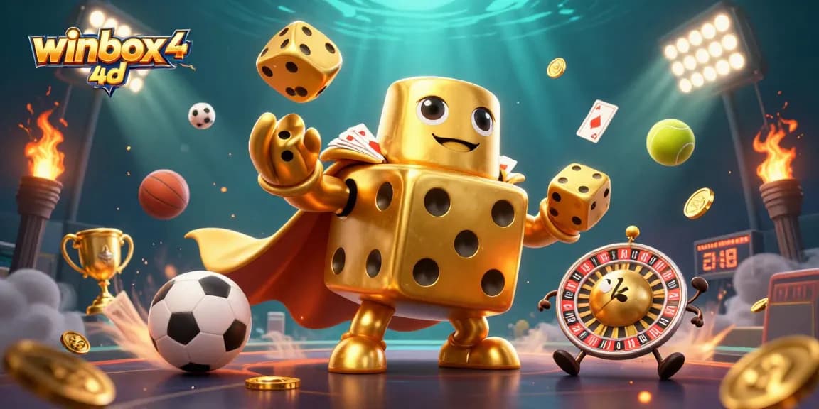 Engage with winbox 4d in a vibrant 3D illustration showcasing dynamic casino elements and characters.