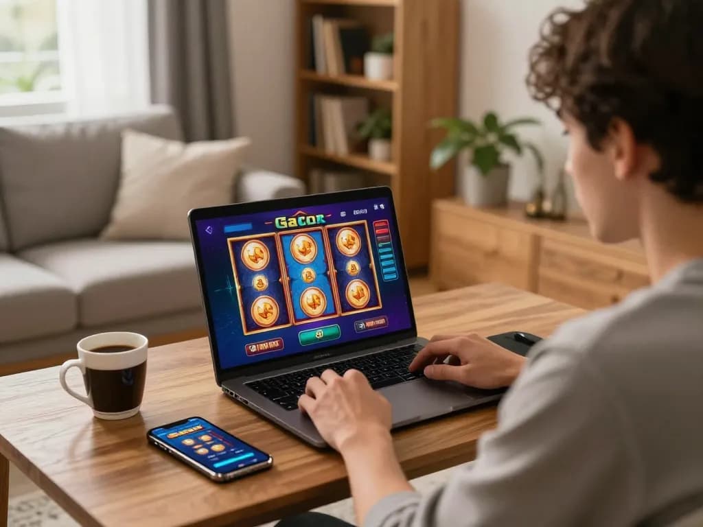 Engaging in situs slot gacor gameplay on a laptop in a cozy home environment