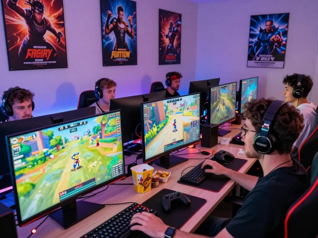 Sunwin gaming enthusiasts enjoying an interactive multiplayer experience in a vibrant home setup.