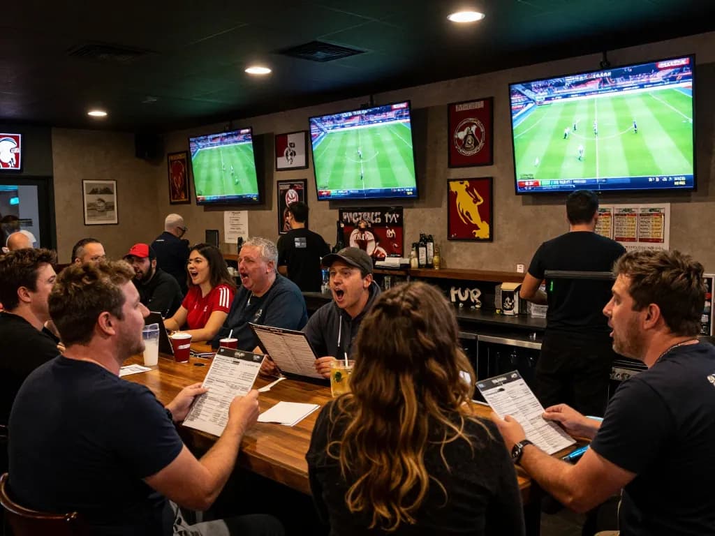 Sporting fans enthusiastically watching live matches while analyzing tỷ lệ bóng đá kèo nhà cái in a lively sports bar setting.