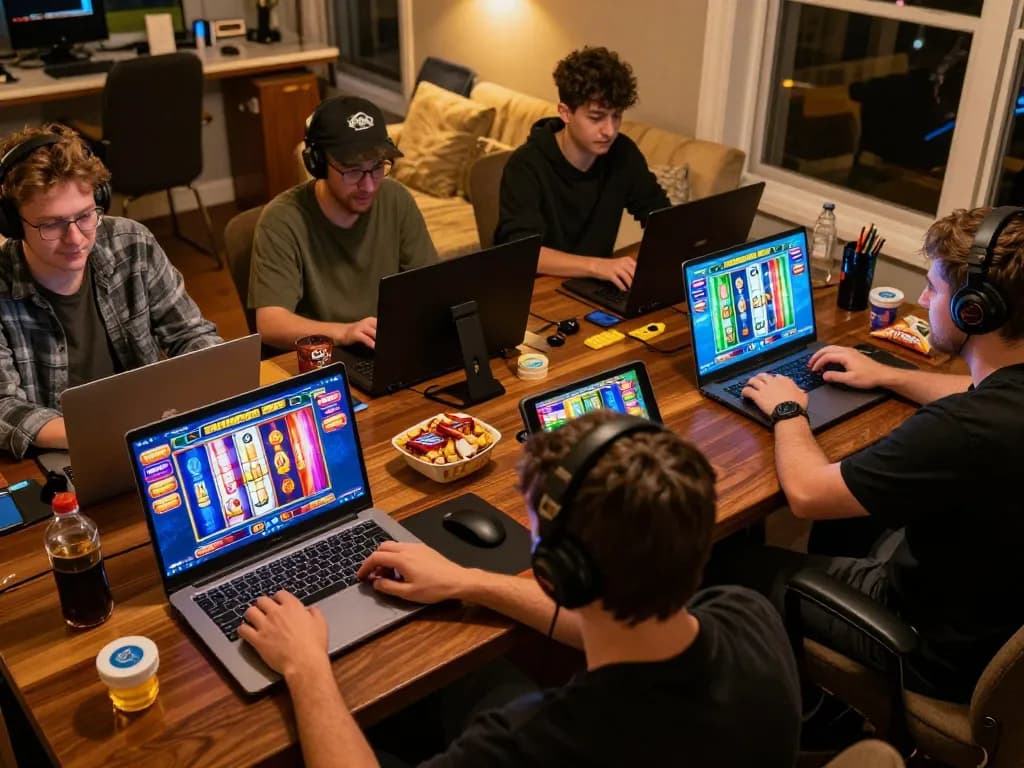 LIGALGO online players engaged in thrilling slot gameplay on laptops and tablets in a cozy atmosphere.