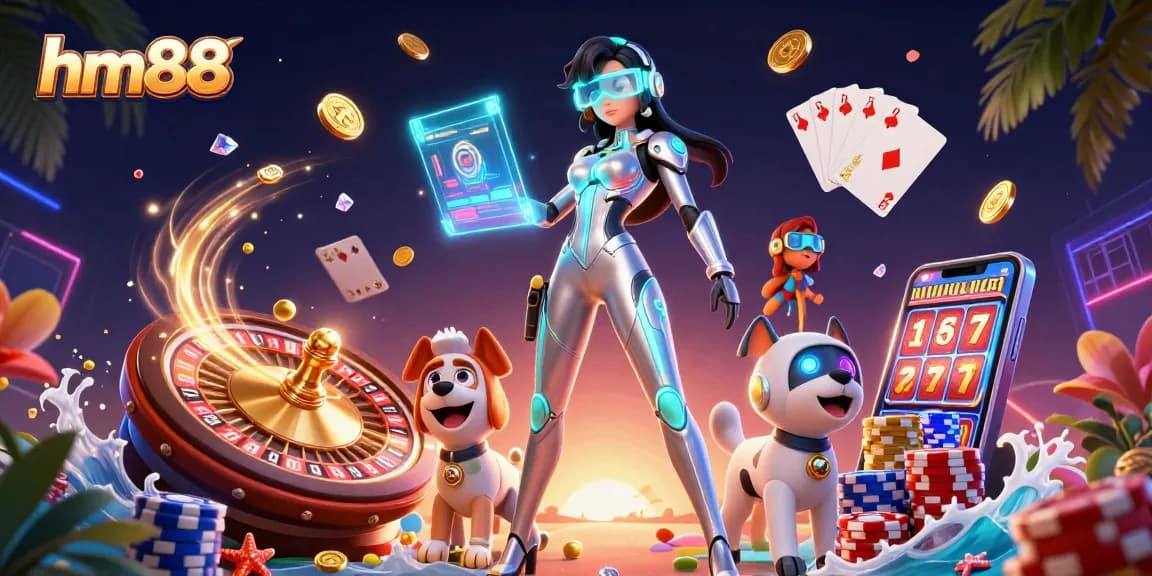 Play and win at hm88 with vibrant slots and casino games showcased in an exciting 3D illustration.