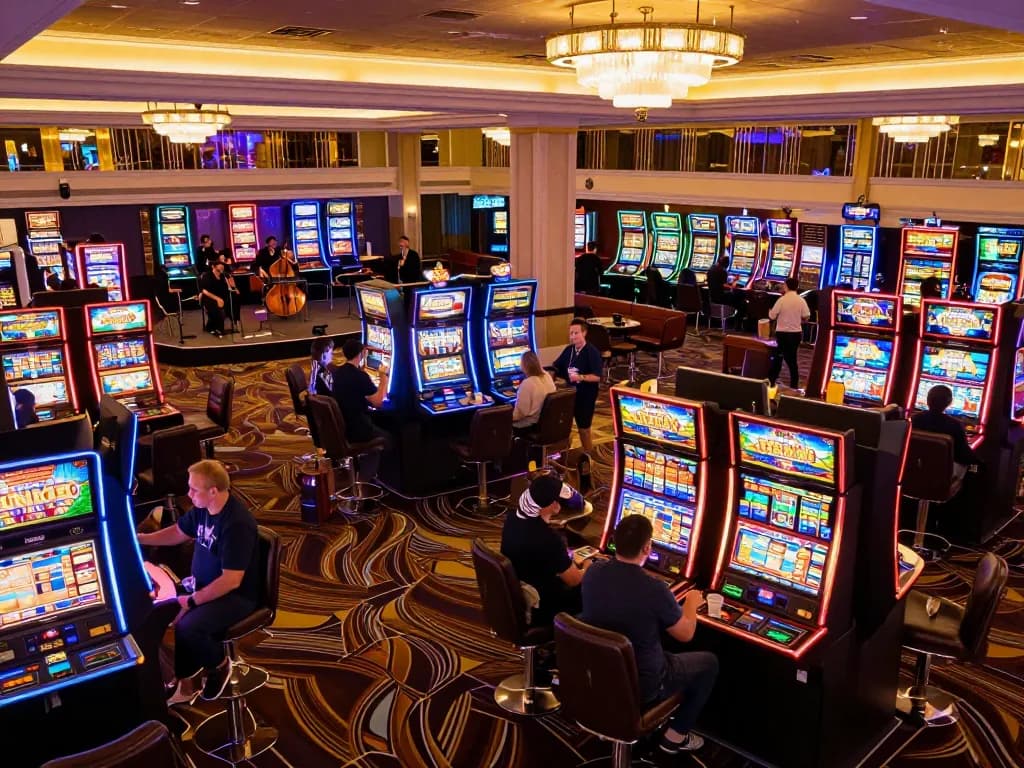 Players engaging with Sunwin slots at a vibrant casino, colorful machines and lively atmosphere.