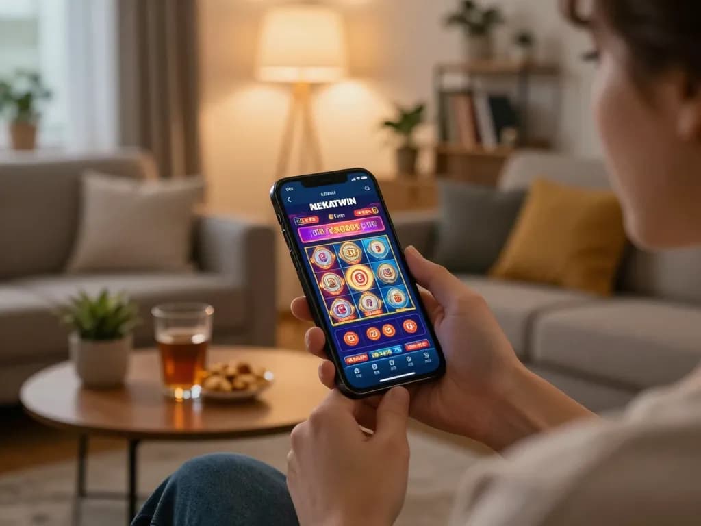 Engaging mobile gaming action on the NEKATWIN app, showcasing play on a smartphone in a cozy living room.