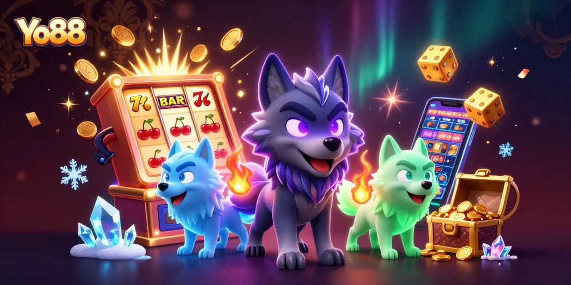 Experience thrilling gameplay at Yo88 with a dynamic scene of a wolf pack and slot machine rewards.
