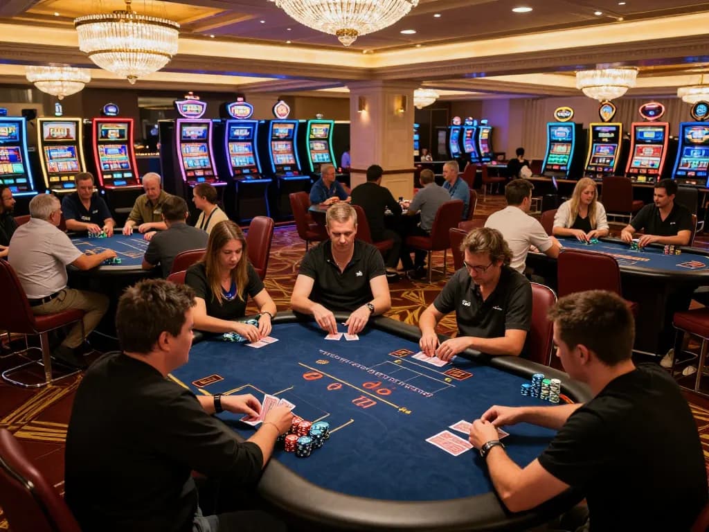 Players strategizing at TG88 poker tables with vibrant casino atmosphere during gameplay.