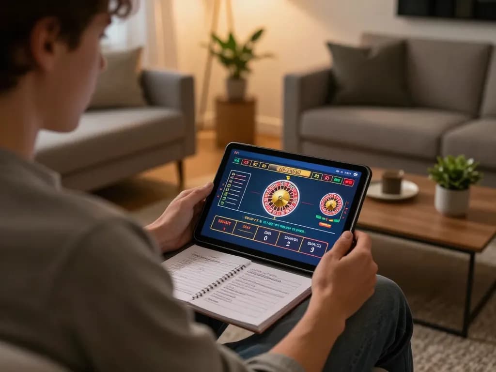 RR88 player enjoying a live dealer game on a tablet in a cozy home setting.
