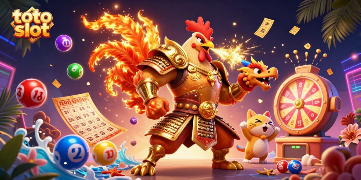 Engage with the thrilling toto slot experience, featuring a samurai rooster warrior and an armored dragon.