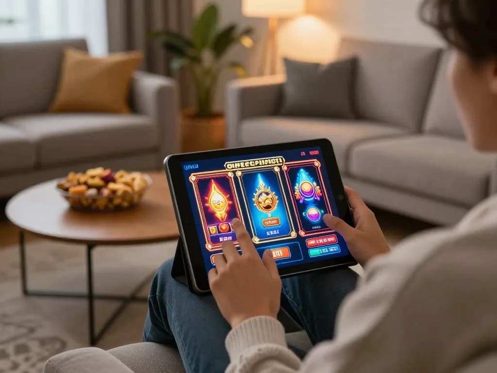 Pemain online menikmati slot aman788 di tablet, grafik permainan yang cerah menciptakan suasana bermain yang santai.