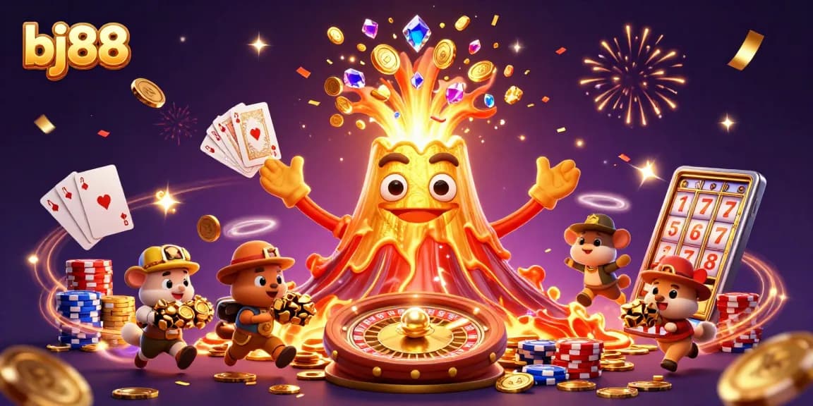 Experience the excitement of bj88 with a thrilling eruption of coins and treasure in a dynamic casino scene.