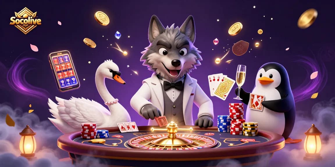 Socolive features a debonair wolf, elegant swan, and sophisticated penguin amidst casino elements, celebrating winning moments.