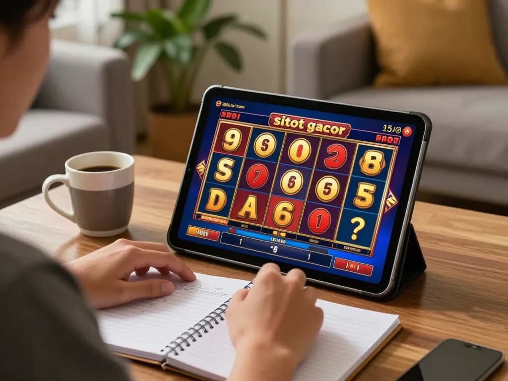 Engaging gameplay on situs slot gacor showcased on tablet screen in a cozy home environment.