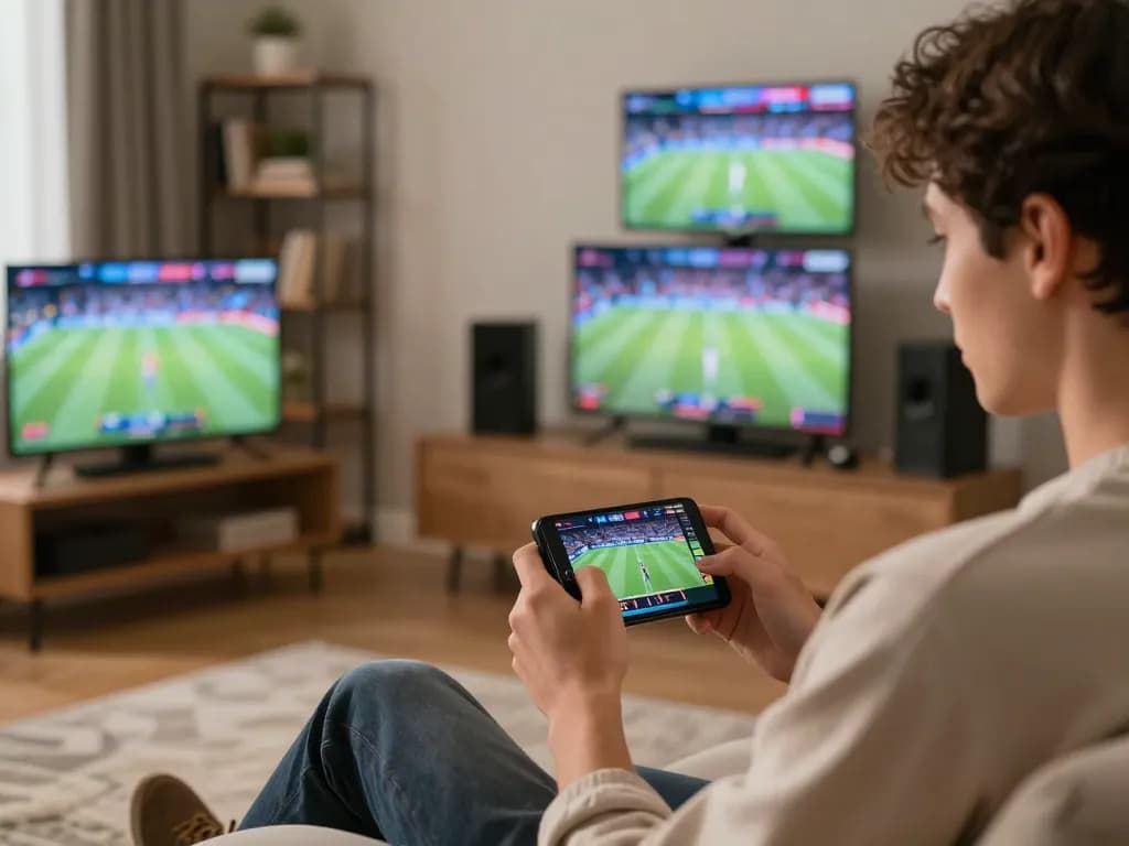 F8BET user strategizing sports bets on smartphone in stylish home setup.