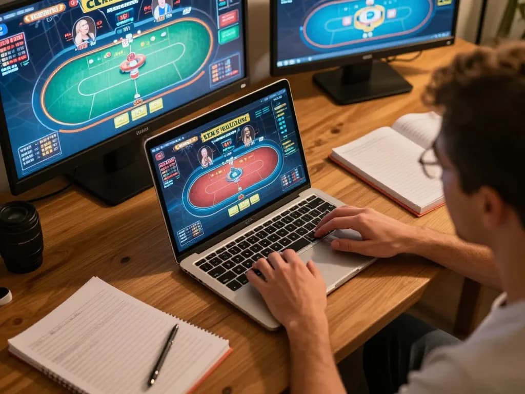Player enjoying an online poker game on their laptop at home, representing 32win's engaging gaming experience.
