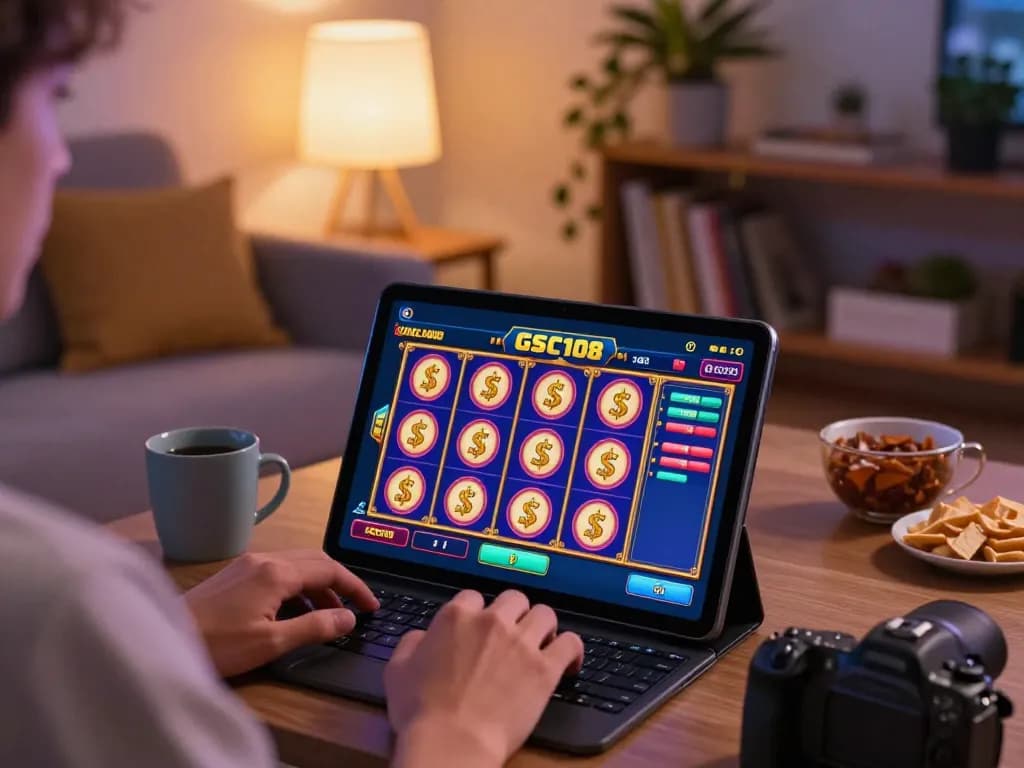 Terlibat dalam Gsc108 Masuk di rumah dengan tablet yang menunjukkan gulungan slot online