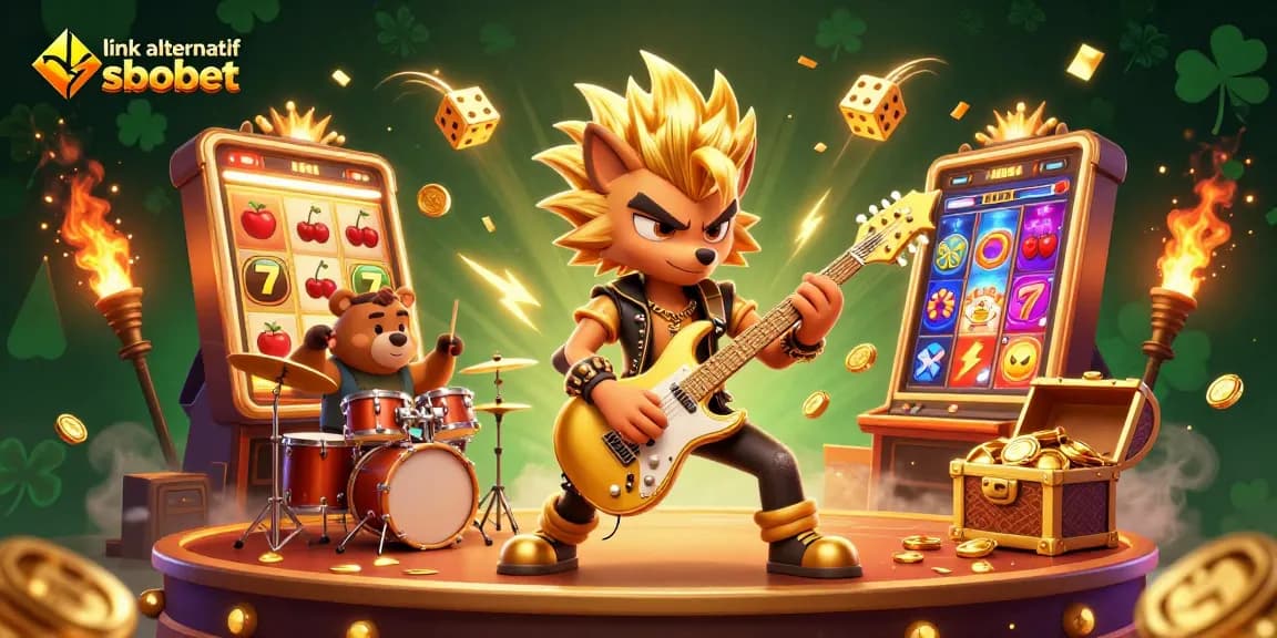 Exciting link alternatif sbobet scene with a rock star wolf and drummer bear amidst slot machine jackpots and casino game elements.